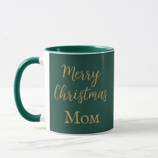 Frohe Weihnachts-Mama Grün und Gold-Script Tasse (Links)