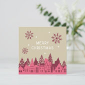 Frohe Weihnachts Mod Village Pink Feiertagskarte (Stehend Vorderseite)