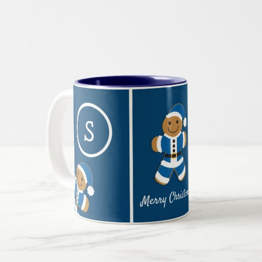 Frohe Weihnachts Monogram Gingerbread Santa Blue Zweifarbige Tasse (Vorderseite Links)