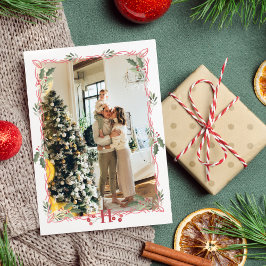 Frohe Weihnachts Monogram Holly Berry Foto Feiertagskarte