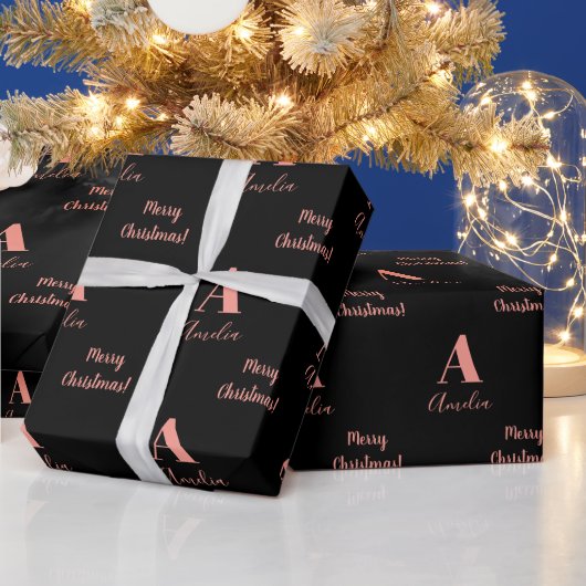 Frohe Weihnachts Monogram Name Black Rose Gold Geschenkpapier (Feiertage)