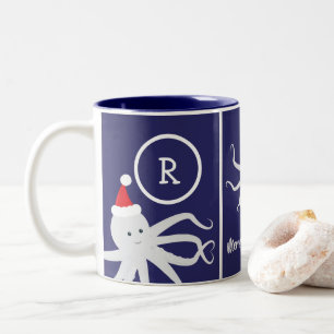Frohe Weihnachts Monogram Octopus Weihnachtsmannmü Zweifarbige Tasse