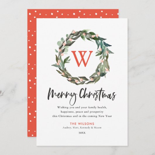 Frohe Weihnachts Monogram Wreath Holiday Card Einladung (Vorne/Hinten)