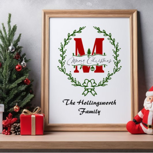 Frohe Weihnachts Monogram Wreath Personalize Poster