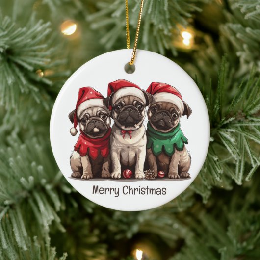 Frohe Weihnachts-Mops-Hunde Keramik Ornament (Baum)