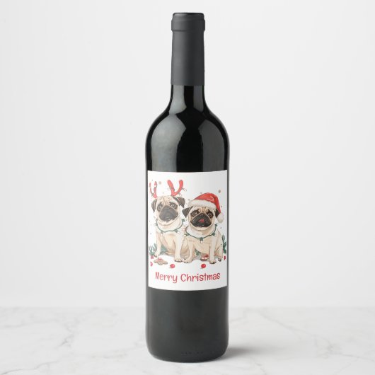 Frohe Weihnachts-Mops-Hunde Weinetikett (Vorderseite)