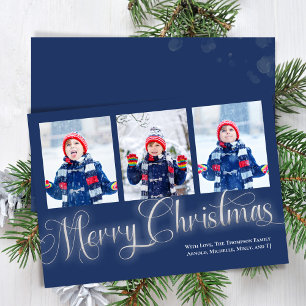 Frohe Weihnachts Navy Blue Foto Collage Script Feiertagskarte