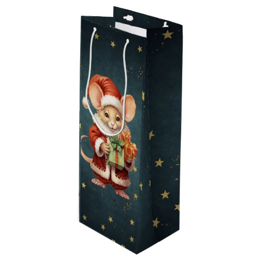 Frohe Weihnachts-Niedlich-Maus Geschenktüte Für Weinflaschen (Vorderseite Schrägansicht)