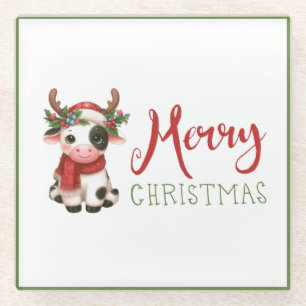 Frohe Weihnachts niedliche Kuh Glasuntersetzer
