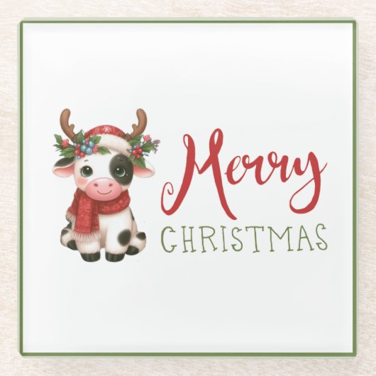 Frohe Weihnachts niedliche Kuh Glasuntersetzer (Vorderseite)
