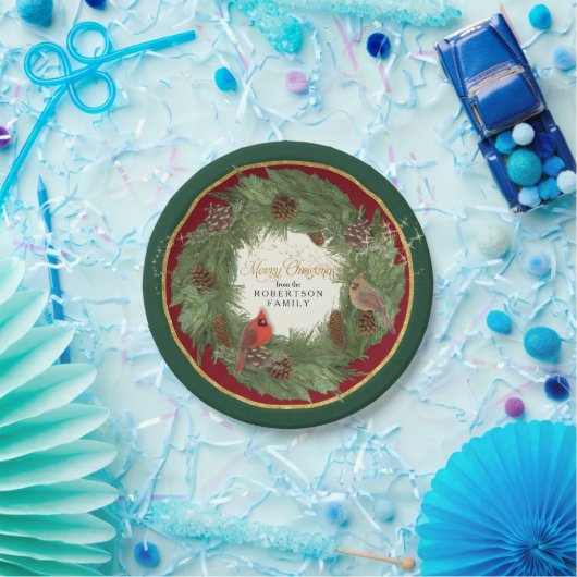 Frohe Weihnachts-Party Kardinäle Pine Cone Kranz Pappteller (Party)