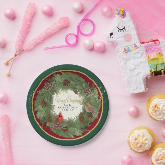 Frohe Weihnachts-Party Kardinäle Pine Cone Kranz Pappteller (Party)