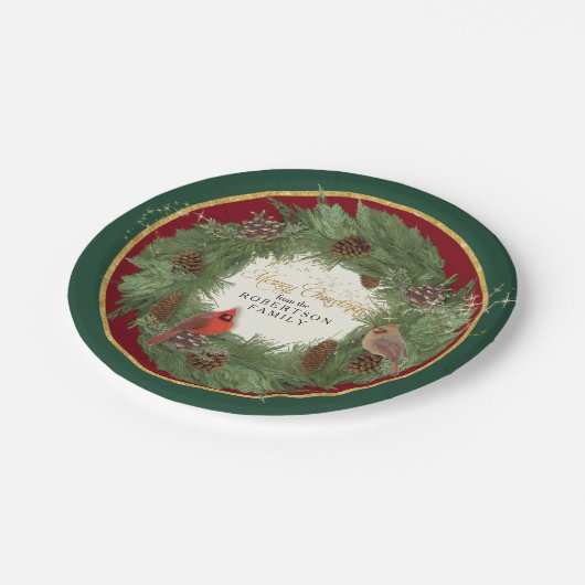 Frohe Weihnachts-Party Kardinäle Pine Cone Kranz Pappteller (Schrägansicht)