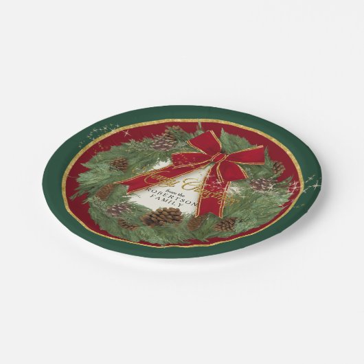 Frohe Weihnachts-Party Red Bow Pine Cone Kranz Pappteller (Schrägansicht)