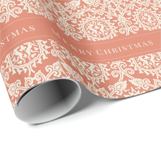 Frohe Weihnachts Peach Damask Muster anpassbar Geschenkpapier (Rolleneckpunkt)