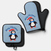 Frohe Weihnachts-Penguin Ofenhandschuh & Topflappen-Set (Vorderseite/Rückseite)