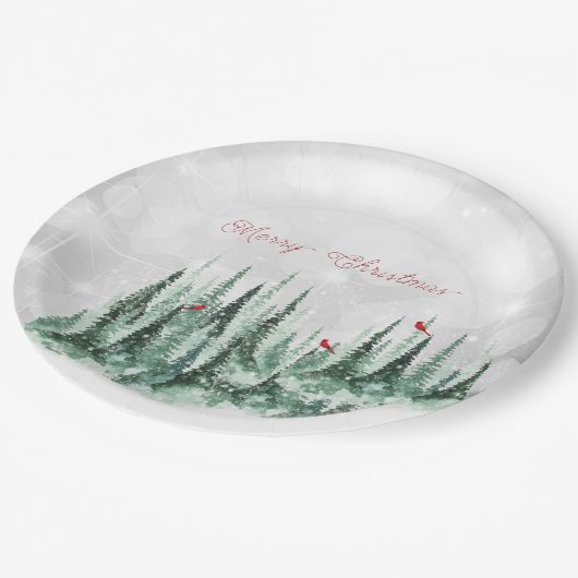 Frohe Weihnachts Pine Tree Forest Kardinal Vögel Pappteller (Schrägansicht)