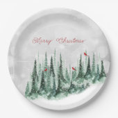 Frohe Weihnachts Pine Tree Forest Kardinal Vögel Pappteller (Vorderseite)