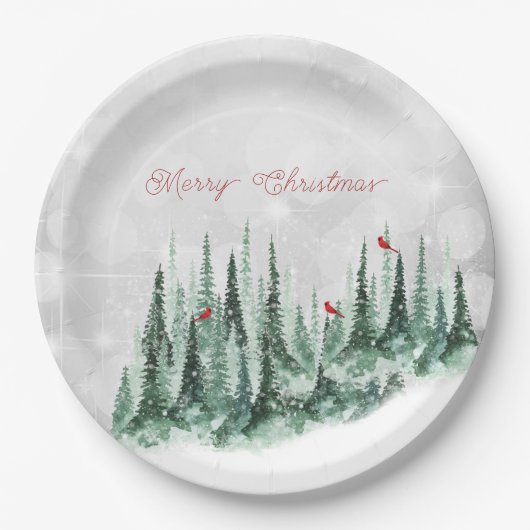 Frohe Weihnachts Pine Tree Forest Kardinal Vögel Pappteller (Vorderseite)
