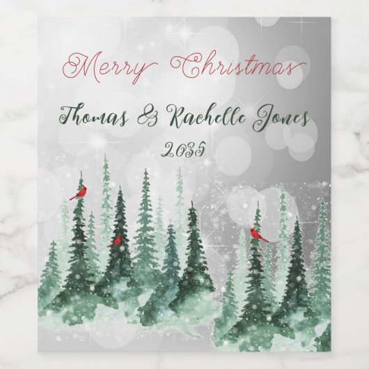 Frohe Weihnachts Pine Tree Forest Kardinal Vögel Weinetikett (Einzelnes Label)