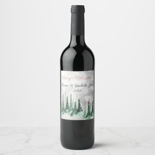 Frohe Weihnachts Pine Tree Forest Kardinal Vögel Weinetikett (Vorderseite)