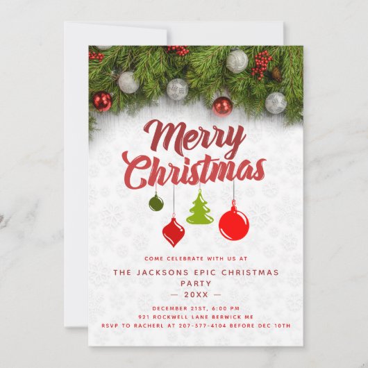 Frohe Weihnachts Pine Tree Ornaments Xmas Party Einladung (Vorderseite)