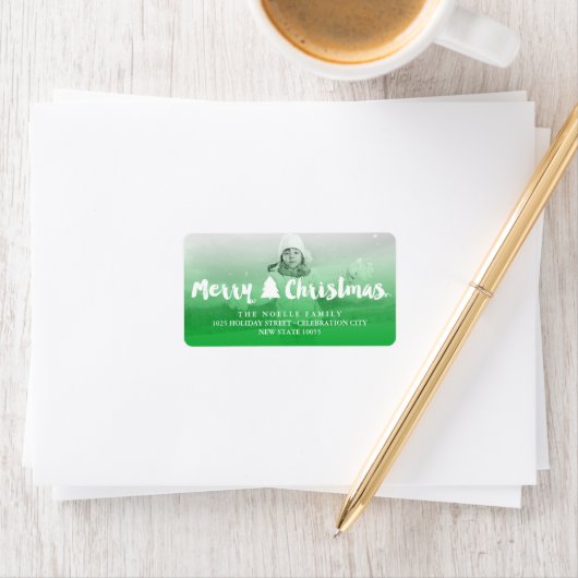 Frohe Weihnachts-Pinselstriche Script Tree Foto-Ad Adressaufkleber (Insitu)