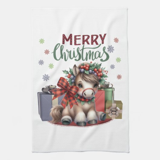 Frohe Weihnachts Pony Geschirrtuch (Vertikal)