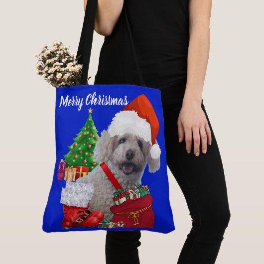 Frohe Weihnachts Poodle Blue Ladys Shoulder Tasche (Von Nahem)