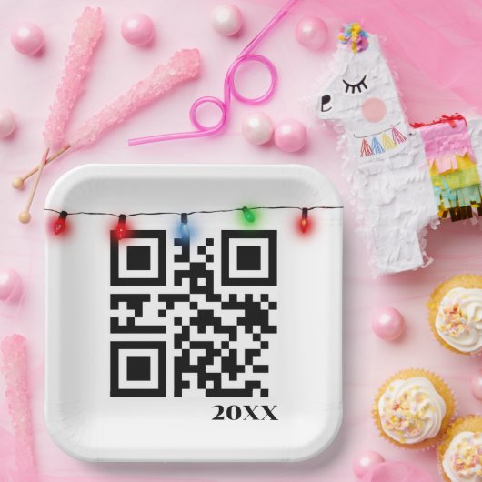 Frohe Weihnachts QR Code mit String Lights Pappteller (Party)