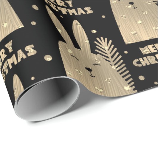 Frohe Weihnachts Rabbit Sepia Gold Metallic Black Geschenkpapier (Rolleneckpunkt)