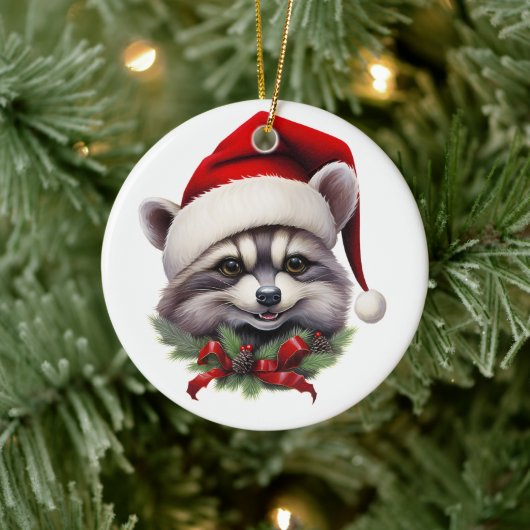 Frohe Weihnachts-Raccoon in Weihnachtsmannmütze Ho Keramik Ornament (Baum)