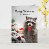 Frohe Weihnachts Raccoons Individuelle Name Spaß Karte (Gelbe Blume)
