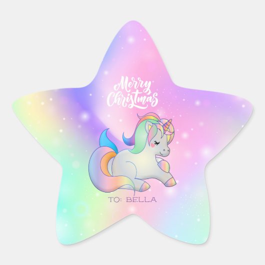 Frohe Weihnachts Rainbow Unicorn Holiday Geschenk Stern-Aufkleber (Vorderseite)