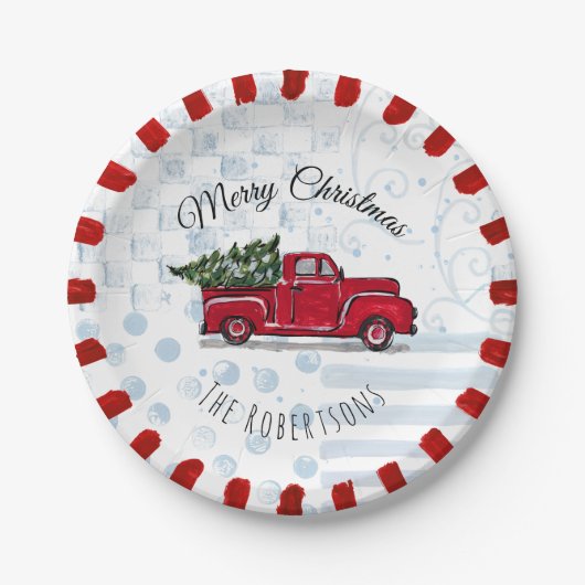 Frohe Weihnachts Red Antique Truck Papier Platte Pappteller (Vorderseite)