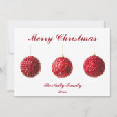 Frohe Weihnachts Red Baubles Flachkarte mit Text (Vorderseite)