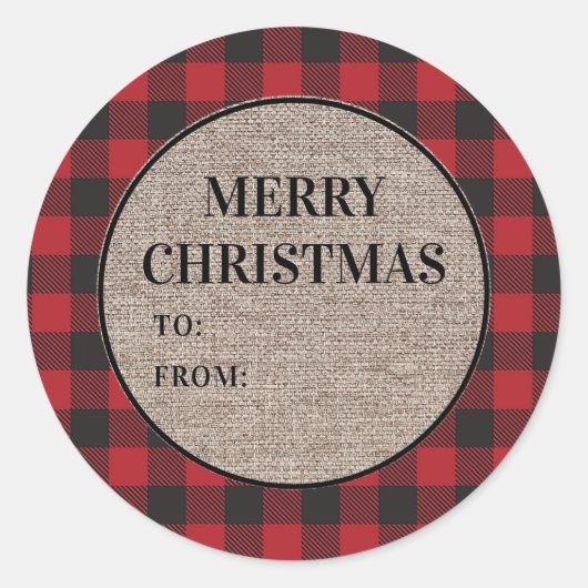 Frohe Weihnachts Red Buffalo Kariert Burlap zu Runder Aufkleber (Vorderseite)