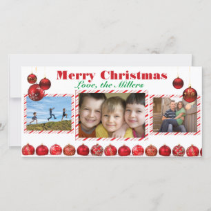 Frohe Weihnachts Red Bulbs drei Foto-Karte Feiertagskarte
