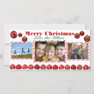 Frohe Weihnachts Red Bulbs drei Foto-Karte Feiertagskarte