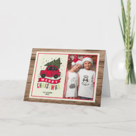 Frohe Weihnachts Red Car Foto Rustikales Holz Feiertagskarte