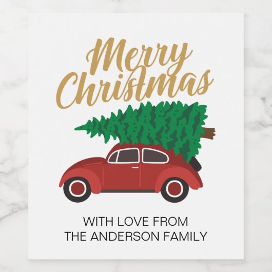 Frohe Weihnachts-Red Car mit Baum Personalisiert Weinetikett (Einzelnes Label)