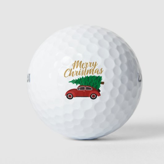 Frohe Weihnachts-Red Car mit Baum | Urlaub Golfball (Vorderseite)