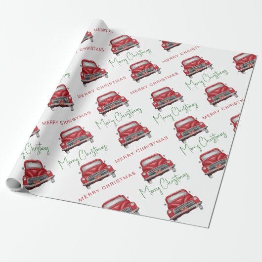 Frohe Weihnachts Red Car Musterschrift Geschenkpapier (Ungerollt)