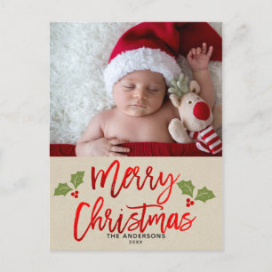 Frohe Weihnachts Red Foil Script Holiday Foto Feiertagspostkarte