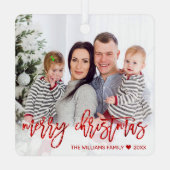 Frohe Weihnachts Red Glitzer Script Family Foto Ornament Aus Metall (Rückseite)