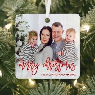 Frohe Weihnachts Red Glitzer Script Family Foto Ornament Aus Metall