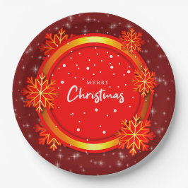 Frohe Weihnachts Red Gold Snowflakes 9" Papierplat Pappteller