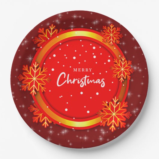 Frohe Weihnachts Red Gold Snowflakes 9" Papierplat Pappteller (Vorderseite)