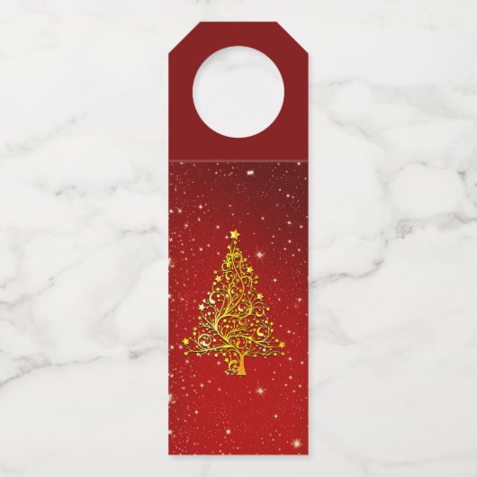 Frohe Weihnachts Red Gold Tree Stars Flaschenanhänger (Vorderseite)