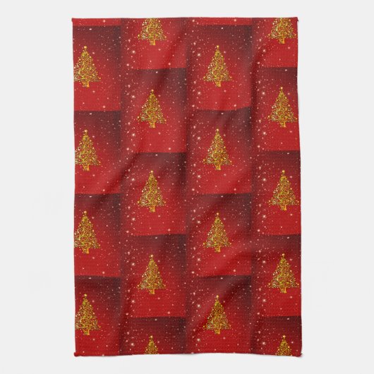 Frohe Weihnachts Red Gold Tree Stars Geschirrtuch (Vertikal)